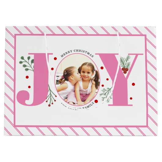 Grand Sac Cadeau Joie rose avec baies photo de Noël et rayures (Devant)