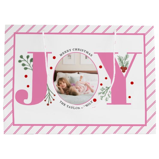 Grand Sac Cadeau Joie rose avec baies photo de Noël et rayures (Dos)