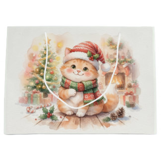 Grand Sac Cadeau Joli Chat de Noël