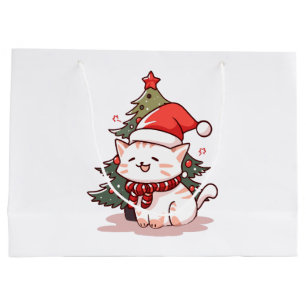 Grand Sac Cadeau Joli chat portant un chapeau de Père Noël près de 