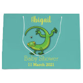 Grand Sac Cadeau Joli gecko vert salutations avec dessin animé (Devant)