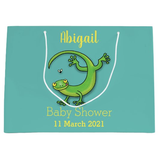 Grand Sac Cadeau Joli gecko vert salutations avec dessin animé (Devant)