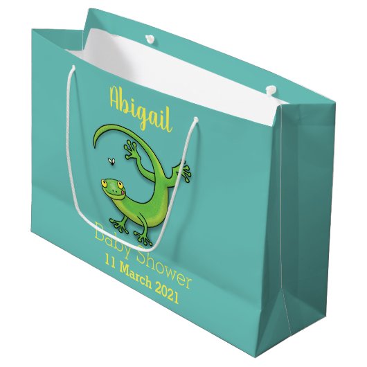 Grand Sac Cadeau Joli gecko vert salutations avec dessin animé (Devant Angle)