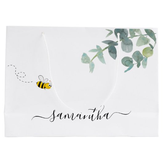 Grand Sac Cadeau Joli monogramme d'abeille eucalyptus verdure blanc (Dos)