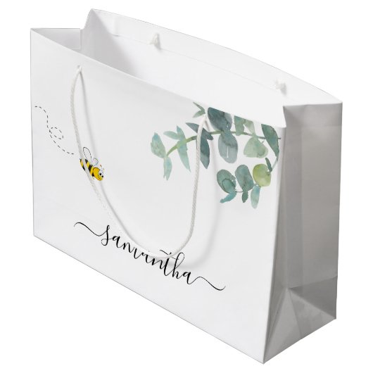 Grand Sac Cadeau Joli monogramme d'abeille eucalyptus verdure blanc (Dos Angle)