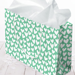 Grand Sac Cadeau Joli motif de cœur en amour Mint Blanc Saint-Valen