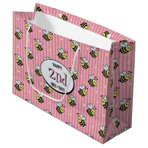 Grand Sac Cadeau Joli Pink Bumblebee rayé rose Anniversaire