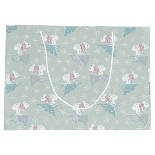 Grand Sac Cadeau Joli Vert hiver Noël Lapin Sweat Snowflakes (Dos)