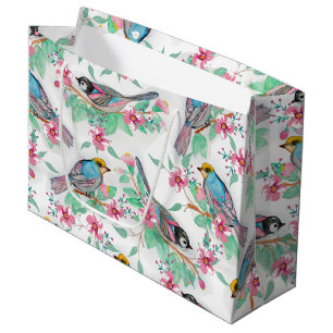 Grand Sac Cadeau Jolie aquarelle oiseaux ressort peinture florale