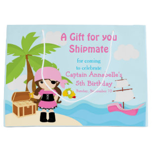 Grand Sac Cadeau Jolie Brunette Pirate Girl en Merci rose