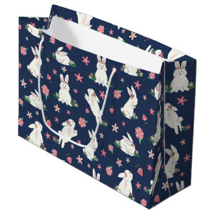 Grand Sac Cadeau Jolie fille Lapin de Pâques lapin bleu moderne ros
