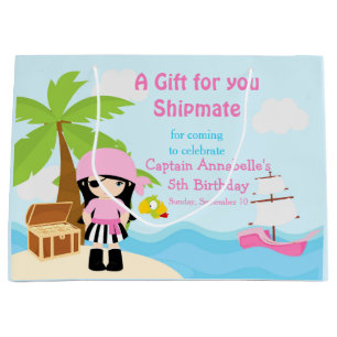 Grand Sac Cadeau Jolie fille pirate de cheveux noirs en rose Annive