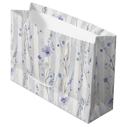 Grand Sac Cadeau Jolie Lavande Fleurs Blanches Rayures Mariage (Devant Angle)
