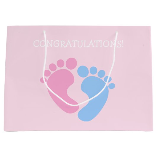 Grand Sac Cadeau Jolie rose et bleu bébé pieds félicitations (Devant)