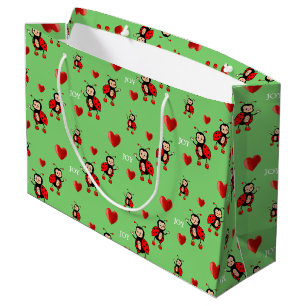 Grand Sac Cadeau Jolies coccinelles, cœurs et texte Joie sur fond v