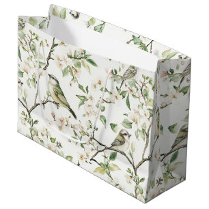 Grand Sac Cadeau Jolies Fleurs Blanches Vertes Oiseaux Lancement de