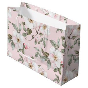 Grand Sac Cadeau Jolies Fleurs Rose Pâle Blanc Lavage de Noces