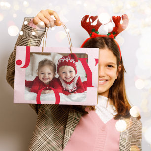 Grand Sac Cadeau JOY Photo de Noël moderne rouge et rose