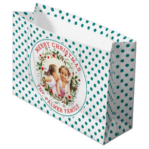 Grand Sac Cadeau Joyeuse couronne de Noël et turquoise photo de poi