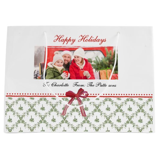Grand Sac Cadeau Joyeuses fêtes Mistletoe Red Bow Nom personnalisé (Devant)