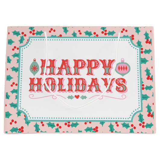 Grand Sac Cadeau Joyeuses fêtes | Rose et Rouge Holly (Devant)