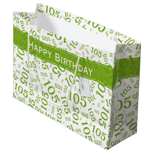 Grand Sac Cadeau Joyeux 105e anniversaire Vert/Blanc Motif numériqu (Devant Angle)
