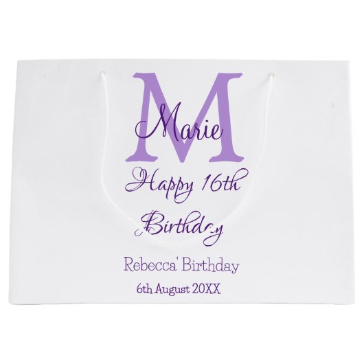 Grand Sac Cadeau Joyeux 16e anniversaire violet ajouter nom monogra (Devant)