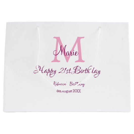 Grand Sac Cadeau Joyeux 21e Anniversaire rose ajouter nom monogramm (Devant)