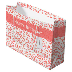 Grand Sac Cadeau Joyeux 25e anniversaire coral Motif nombre aléatoi