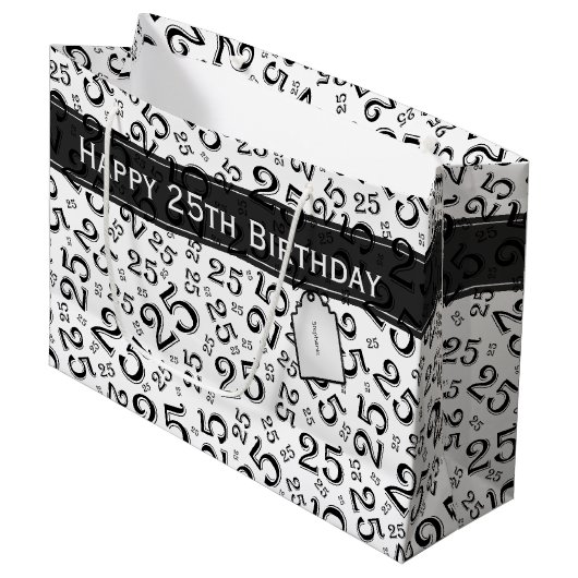 Grand Sac Cadeau Joyeux 25e anniversaire noir/blanc Motif numérique (Devant Angle)