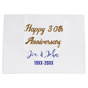 Grand Sac Cadeau Joyeux 30e anniversaire de mariage royal bleu or s