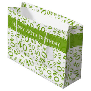 Grand Sac Cadeau Joyeux 40e anniversaire Numéro Motif Vert et blanc
