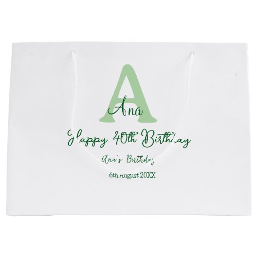 Grand Sac Cadeau Joyeux 40e anniversaire vert ajouter nom monogramm (Devant)