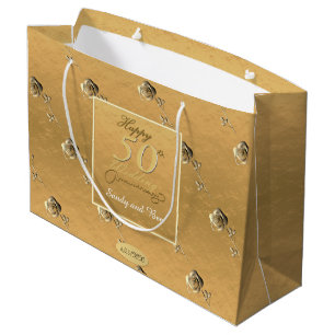 Grand Sac Cadeau "Joyeux 50e anniversaire de Mariage" Roses 3D Gold