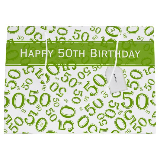 Grand Sac Cadeau Joyeux 50e anniversaire Numéro Motif Vert/Blanc (Devant)