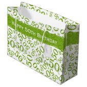 Grand Sac Cadeau Joyeux 50e anniversaire Numéro Motif Vert/Blanc (Devant Angle)