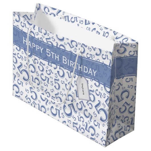 Grand Sac Cadeau Joyeux 5e anniversaire Numéro Motif 5 bleu/blanc (Devant Angle)