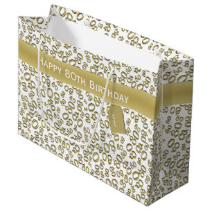 Grand Sac Cadeau Joyeux 80e anniversaire Gold et blanc Motif numéri