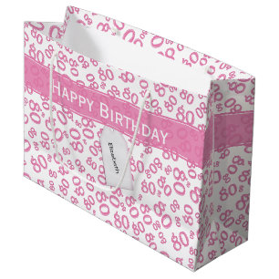 Grand Sac Cadeau Joyeux 80e anniversaire Motif de numéro rose et bl