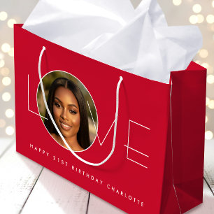 Grand Sac Cadeau Joyeux Anniversaire 21e Photo Amour Chic Rouge