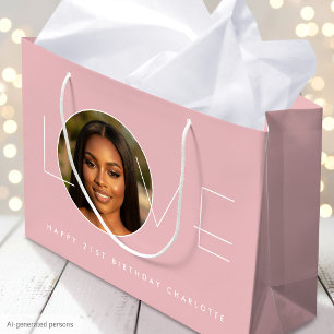 Grand Sac Cadeau Joyeux Anniversaire 21e Photo Amour Rose Pâle