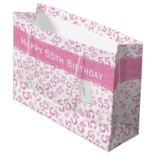 Grand Sac Cadeau Joyeux Anniversaire Âge 55 Numéro Motif Rose/Blanc