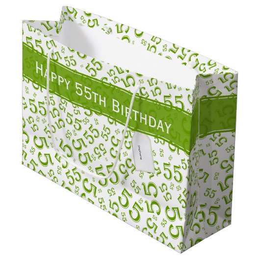 Grand Sac Cadeau Joyeux anniversaire Age 55 Numéro Motif Vert/Blanc (Devant Angle)