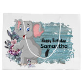 Grand Sac Cadeau Joyeux anniversaire bébé éléphant bleu rustique (Dos)