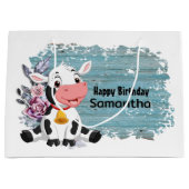 Grand Sac Cadeau Joyeux anniversaire bébé vache rustique bleu (Devant)