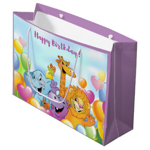 Grand Sac Cadeau Joyeux Anniversaire Cartoon Animaux et Ballons vio