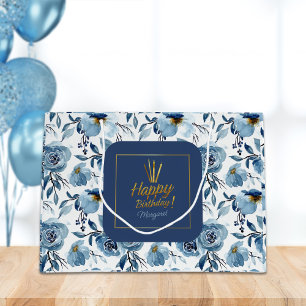 Grand Sac Cadeau Joyeux Anniversaire Dusty Bleu Blanc Nom floral