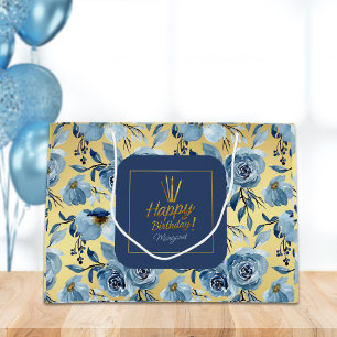 Grand Sac Cadeau Joyeux anniversaire Dusty Blue Gold Nom floral