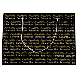 Grand Sac Cadeau Joyeux Anniversaire Gold Script Noir et Blanc Nom