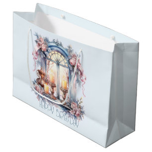 Grand Sac Cadeau Joyeux Anniversaire Hiver Bleu rose Vitre victorie